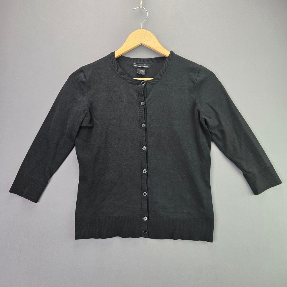 New York & Company Cardigan Sweater Silk Blend M Black 3/4 Sleeve Button Up